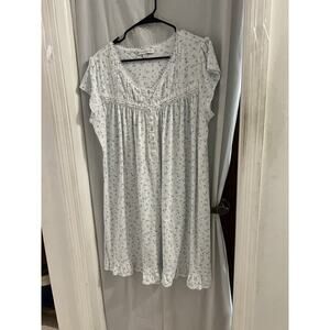 Eileen West Blue Green Floral Chemise Nightgown Ruffle Hem Sz L Jersey Knit